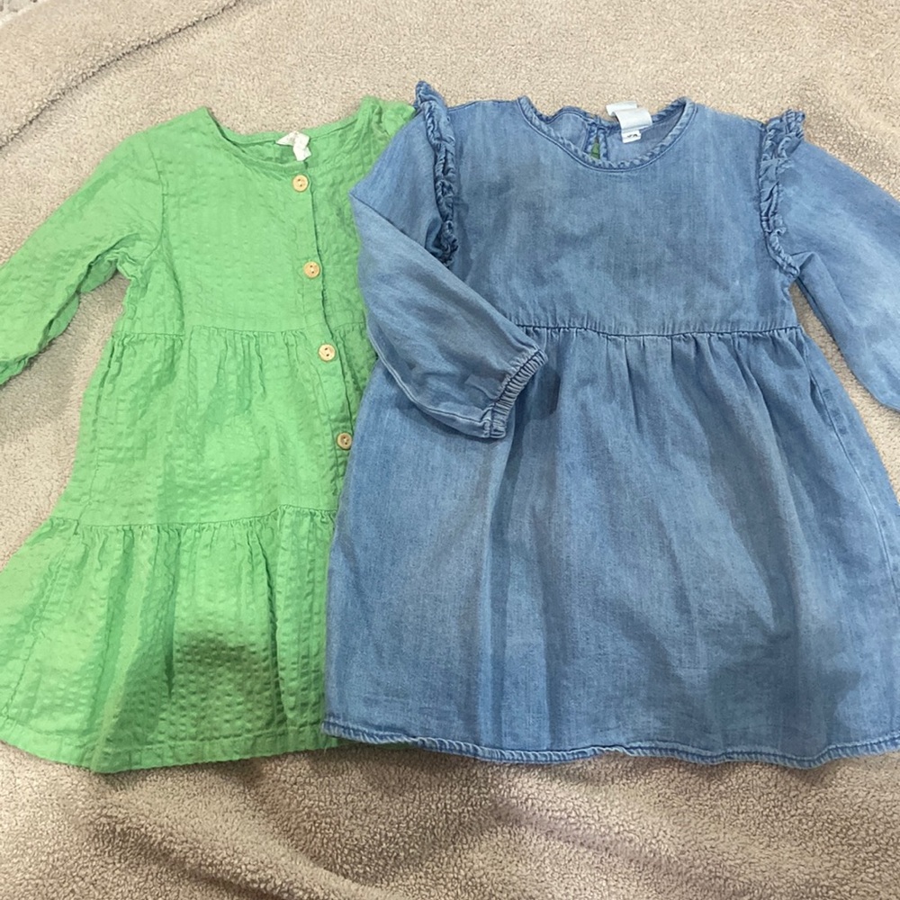 Set of 2 Long Sleeve Dresses Seersucker and Denim